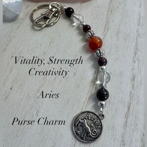 Aries Zodiac Carnelian Garnet and clear Quartz Gemstone Purse Charm Keychain